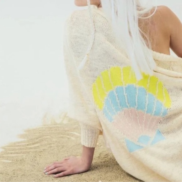 Wildfox seashell mermaid cotton blend long cardigan open front sweater pastel L - Picture 2 of 11